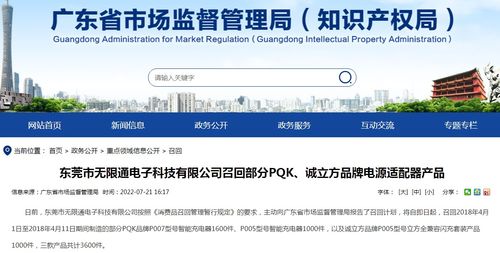 東莞市無限通電子科技召回部分PQK誠立方品牌電源適配器產品，上海網絡與信息安全軟件開發